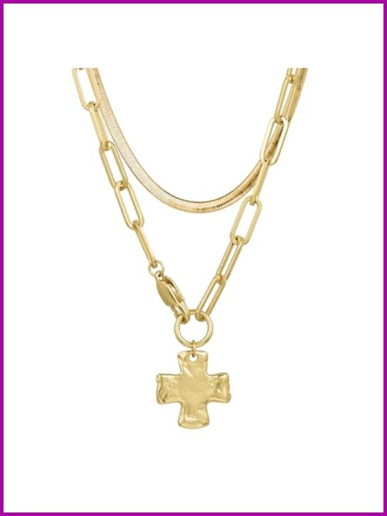 Jewelry - Chunky Cross Chain Necklace Set Waterproof PVD Coated 16" & 18" Layered